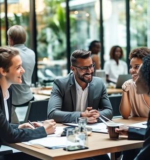Réunion de conseil entre l'agence Média Créations et une entreprise partenaire pour gérer sa communication.
