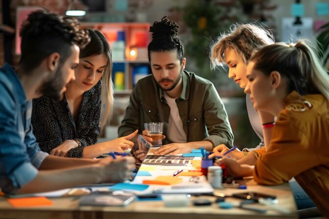 Équipe en plein travail de post-production et montage vidéo chez Média Créations.